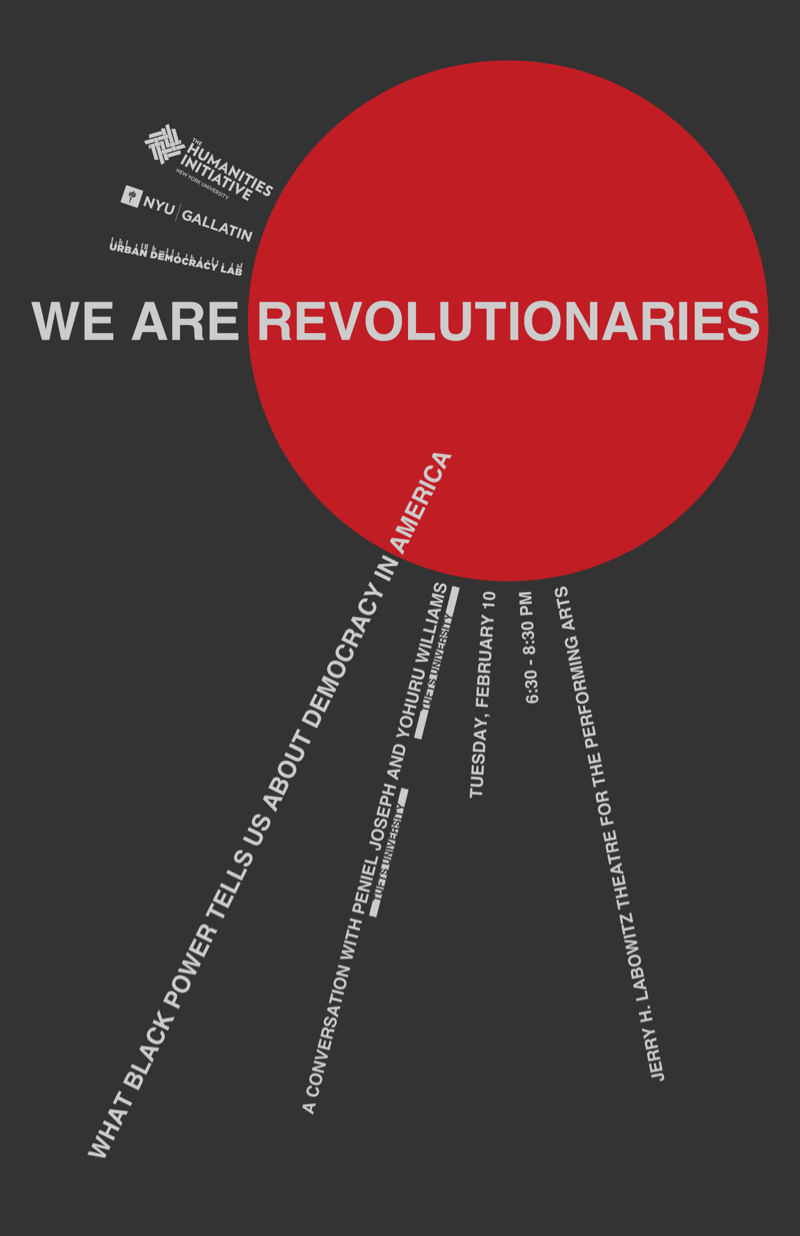 Dark grey background, WE ARE REVOLUTIONARIES with the last word inscribed in a red circle. Sponsor logos, event details, and a paragraph of text radiate from the circle perpendicular to its tangent.
