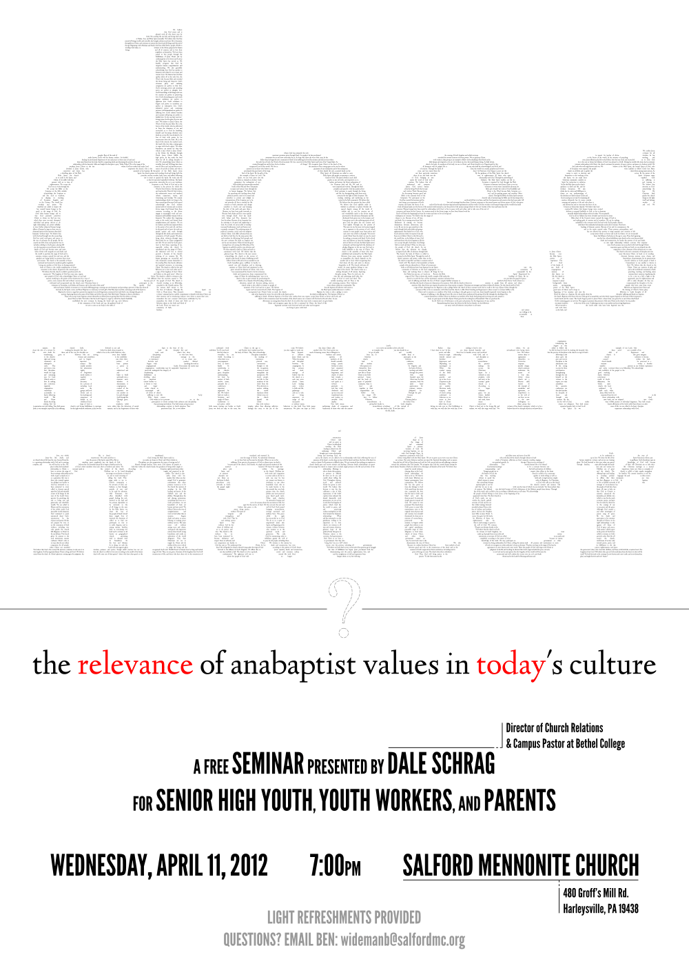 The entire Mennonite USA Confession of Faith, in tiny text, flowed to form the words “does mennonite matter”. A question mark and event details follow.