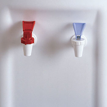 A water cooler with handles red and blue