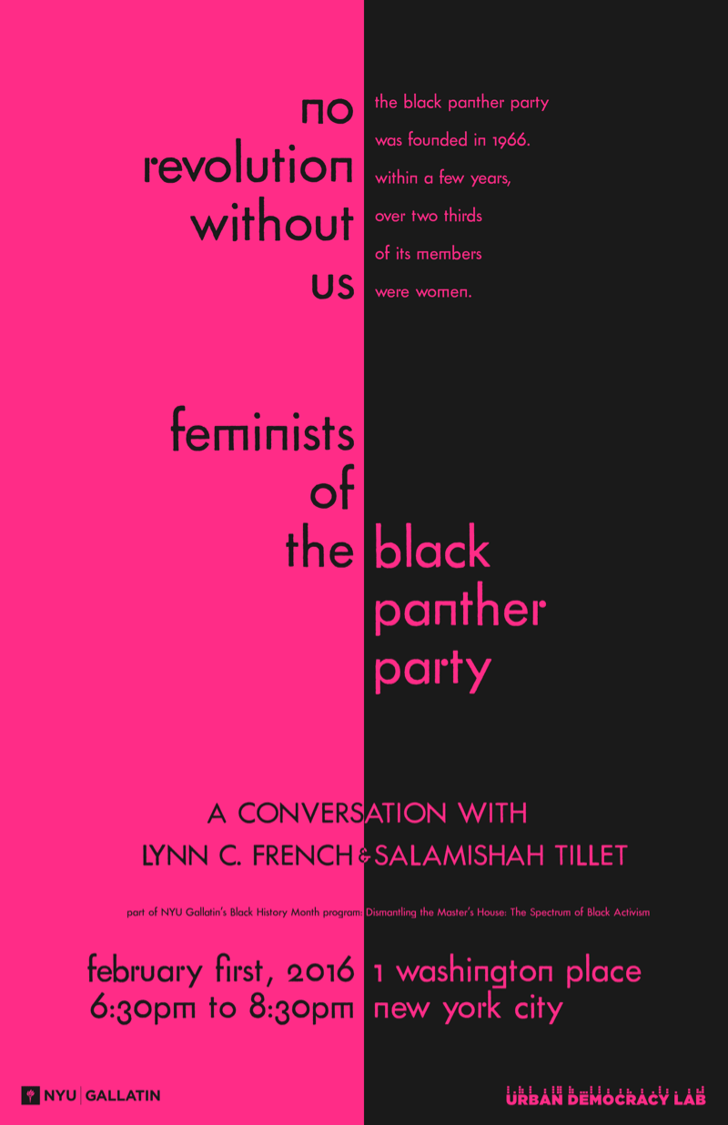 No Revolution Without Us: Feminists of the Black Panther Party, hot pink and dark black split down the middle; Black Panthers right, Feminists left