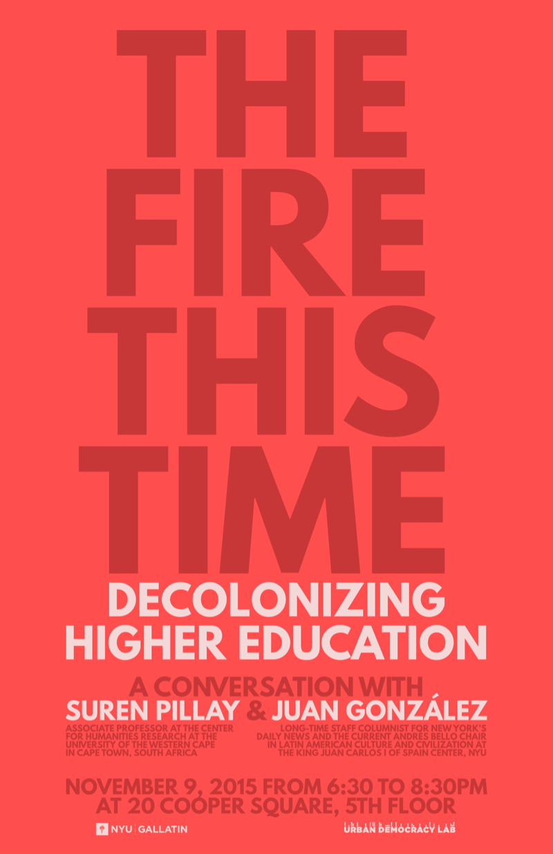 The Fire This Time: Decolonizing Higher Education, in red and very light pink