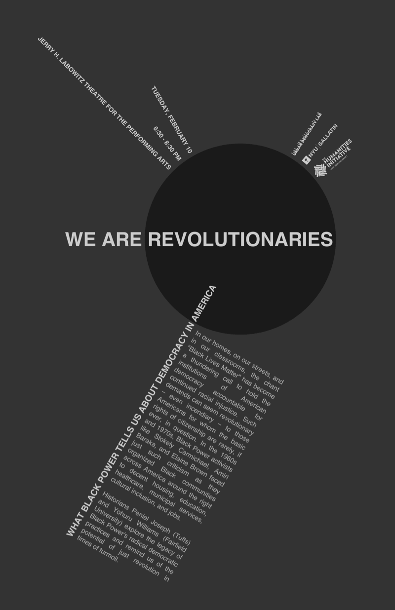 Dark grey background, WE ARE REVOLUTIONARIES with the last word inscribed in a black circle. Sponsor logos, event details, and a paragraph of text radiate from the circle perpendicular to its tangent.