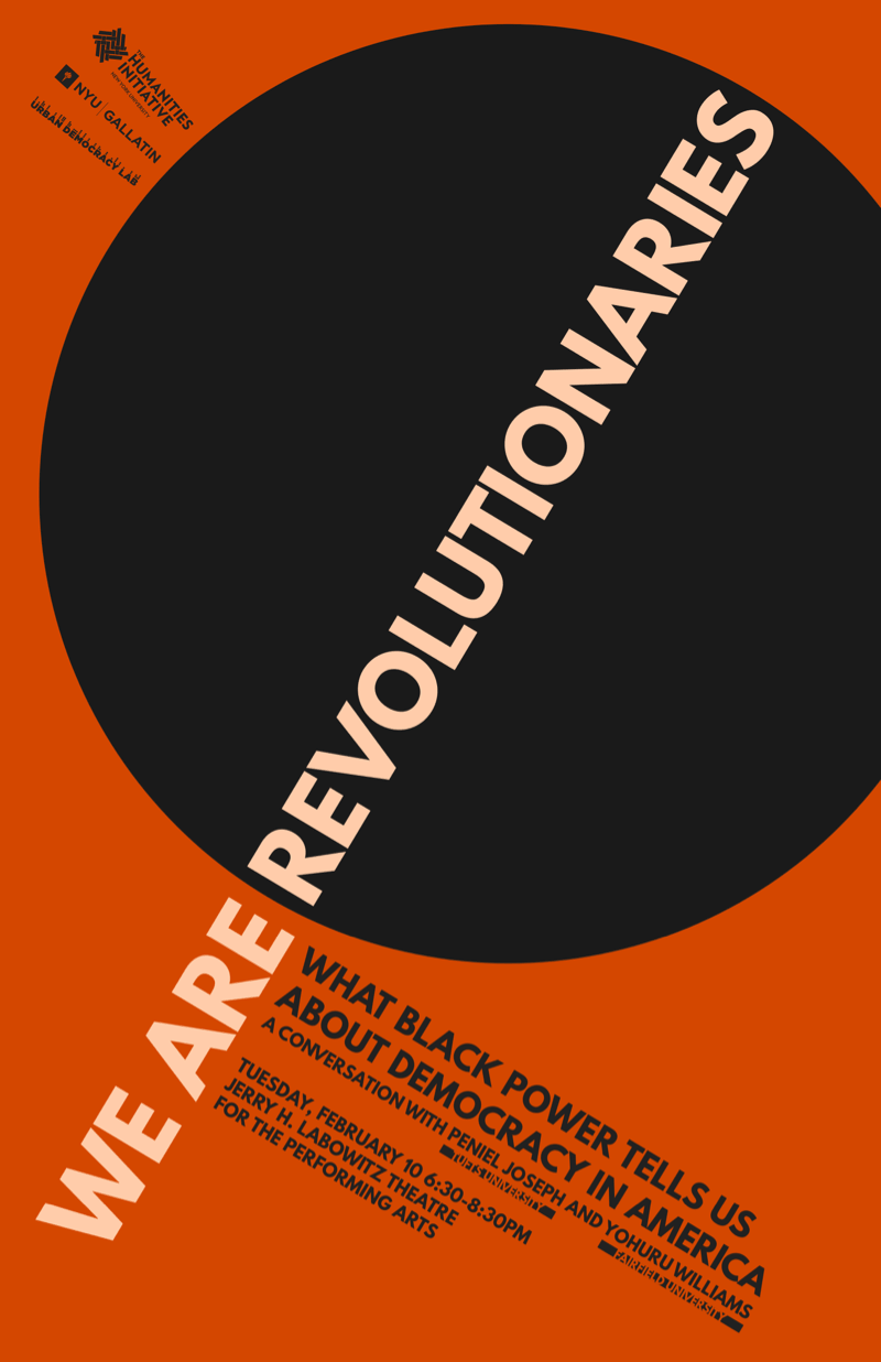 Orange background, WE ARE REVOLUTIONARIES with the last word inscribed in a black circle. Sponsor logos radiate from the circle perpendicular to its tangent, and event details run from the word ARE.