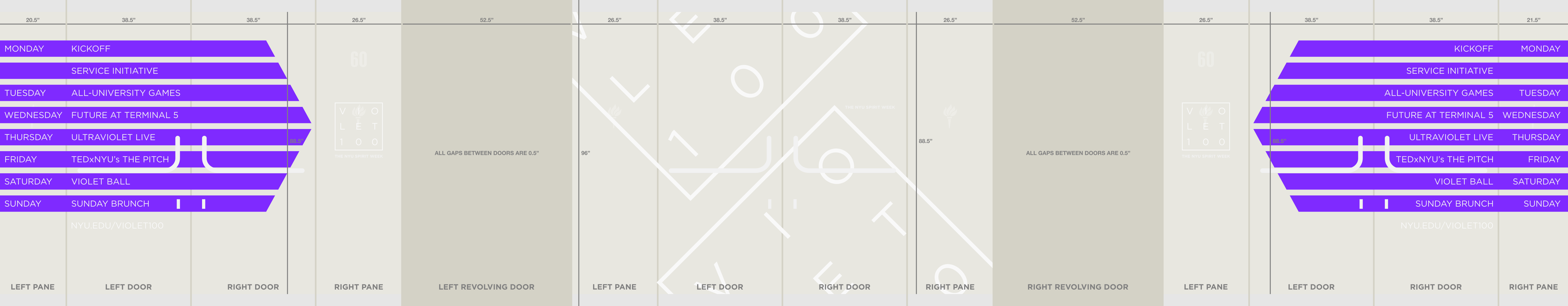 Installation mockup: a drawn view of the Kimmel facade with measurements, and locations marked for the vinyl.